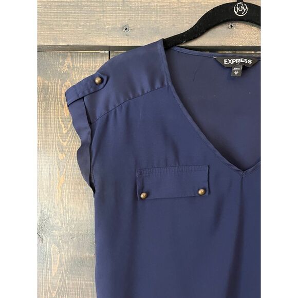 Express Navy V-Neck Blouse w/ Military Details Brass Buttons Office Wear XS F62 - Picture 3 of 6